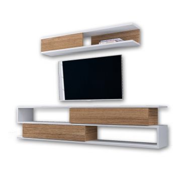 Set comodă TV și raft de perete cu aspect de lemn de nuc Furny Home Manyetik, alb