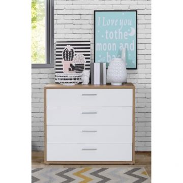Comoda 4 Sertare Chicory, Stejar Riviera Si alb Si alb super lucios, 94.5 cm