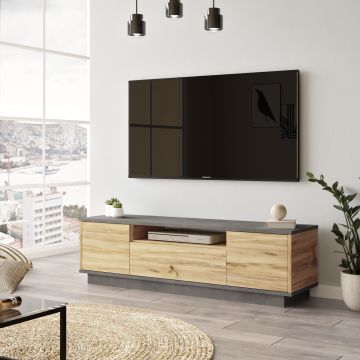 Comoda TV din pal, cu 3 usi, Luvio LV4-KR Gri / Stejar, l140xA35,3xH39,5 cm
