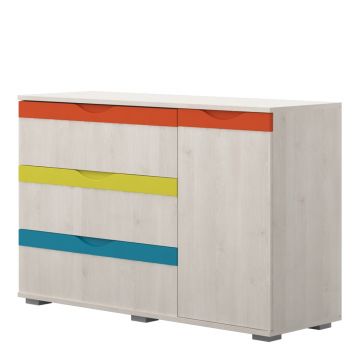 Comoda din pal cu 3 sertare si 1 usa, pentru copii, Joy Pin Polar / Multicolor, l126xA44xH84 cm