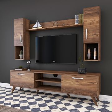 Comoda TV cu raft de perete si 2 cabinete M27 - 284, Wren, 180 x 35 x 48.6 cm/133 cm, walnut
