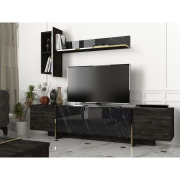Comoda TV cu raft de perete Veyron, Talon, 180 x 45 cm/121.6 x 45 cm, negru/auriu