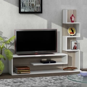 Comoda TV cu raft, Wooden Art, Metehan White Cordoba, 149.5x120.8x29.5 cm