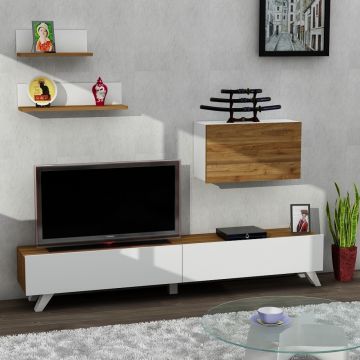 Comoda TV cu rafturi, Wooden Art, Caterina White Walnut, 180x32.6x29.5 cm