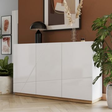 Comoda Fuji Cu 3 Usi Si 3 Sertare, Alb Si Natur, 150 Cm