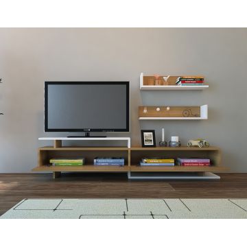 Comoda TV cu 2 rafturi, Decorotika, Ayaz, pal melaminat, alb/stejar