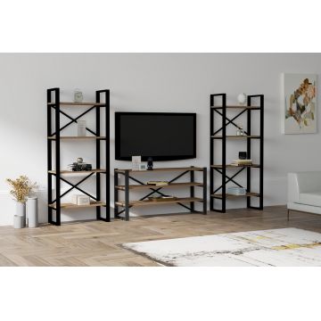 Comoda TV cu 2 rafturi, Puqa Design, Egzotik, pal melaminat/metal, nuc