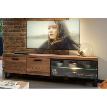Comoda TV din pal, furnir si lemn, cu 3 usi si LED inclus, Pratto 25 Stejar Rustic, l180xA42xH54 cm