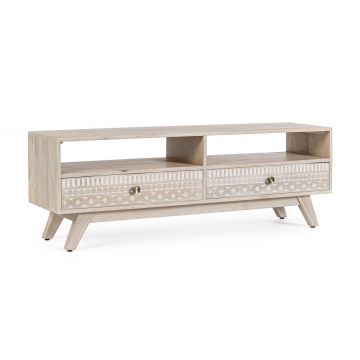 Comoda TV Indira, Bizzotto, 130 x 35 x 45 cm, lemn de mango, detalii lucrate manual