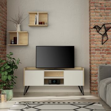 Set comoda TV cu 2 rafturi suspendate din PAL Melaminat si Metal Negru/Alb/Bej L126xH57cm Klappe