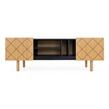 Masă TV neagră/în culoare naturală cu aspect de lemn de stejar 175x60 cm Porto – Woodman