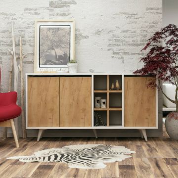 Comoda 3 usi Prava, 140x40x86 cm - Stejar/Alb