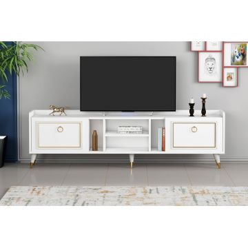 Comoda TV, Coraline, Rudy v2, 180x55x35 cm, Alb/Auriu