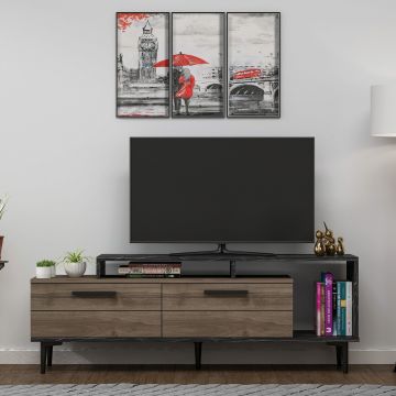 Comoda TV, Olivia, Niva, 150x54x31.4 cm, PAL, Nuc / Marmură Neagră