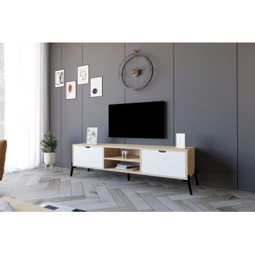 Comoda TV, Puqa Design, Nost, 160x41x40 cm, PAL, Stejar Safir / Alb