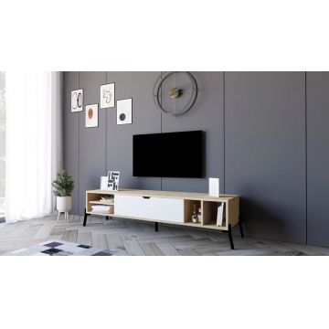 Comoda TV, Puqa Design, Ponza, 160x36x40 cm, PAL, Stejar Safir / Alb