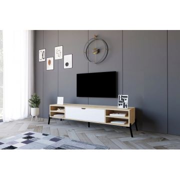 Comoda TV, Puqa Design, Santa, 160x36x40 cm, PAL, Stejar Safir / Alb