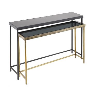 Set 2 console Yamir, Bizzotto, 107x26x79 cm, otel/sticla temperata, negru/auriu