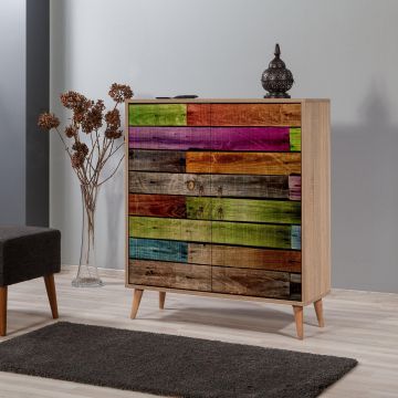 Comoda Multilux cu 2 usi, Stejar / Multicolor, 95 x 36 x 111 cm