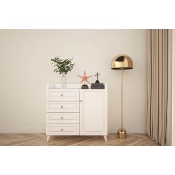 Comoda Tango cu 4 sertar si Usa, Alb, 90 x 88 x 41 cm