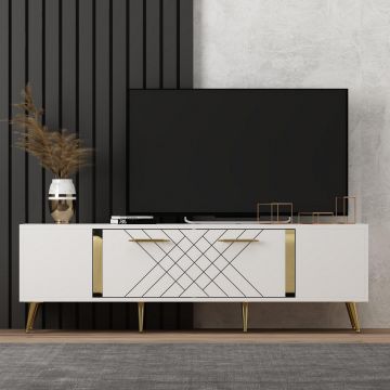 COMODA TV Detas - White, Gold, Alb, 150x48x35 cm