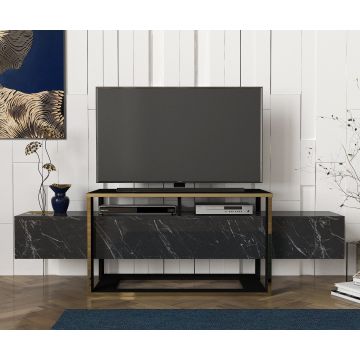 Comoda TV din pal, Bianco Negru / Auriu, l160xA46,1xH49,8 cm