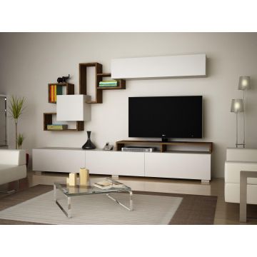 Comoda tv Elit cu Raft Suspendat, Alb - Nuc, 210 x 47 x 37 cm