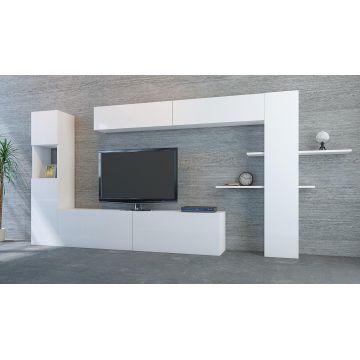 Comoda Tv Irfan Modern Stylecu dulapuri si rafturi, Alb, 215 x150 x 32 cm