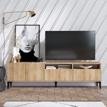 Comoda Tv Sheriff cu 4 usi Stil Skandinav, Stejar, 180 x 52 x 35 cm