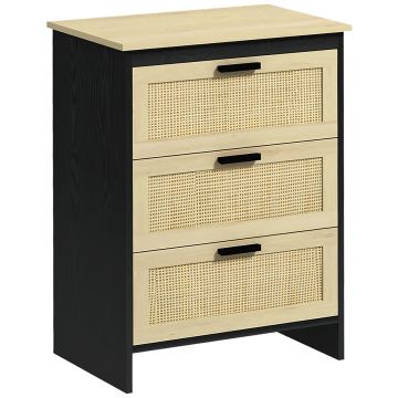HOMCOM Comodă Sufragerie/Dormitor, 3 Sertare, PAL și Ratan, 60x40x80cm, Negru/Lemn Natural | Aosom Romania HOMCOM Comodă Sufragerie/Dormitor, 3 Sertare, PAL și Ratan, 60x40x80cm, Negru/Lemn Natural | Aosom Romania