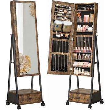 Cabinet bijuterii cu oglinda, Vasagle, 41.5 x 37 x 152.5 cm, MDF/otel, maro rustic