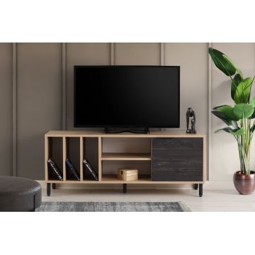 Comoda Tv cu rafturi Gordes - Dark Brown, Stejar - Maro , 140x55x40 cm