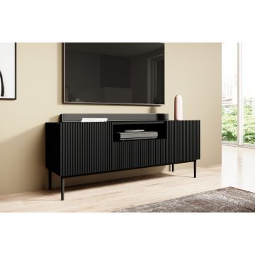 Comoda TV din pal, MDF si metal, cu 1 sertar si 2 usi, Nicole Tall RTV 150-2D1SZ Negru, l150xA45xH60 cm