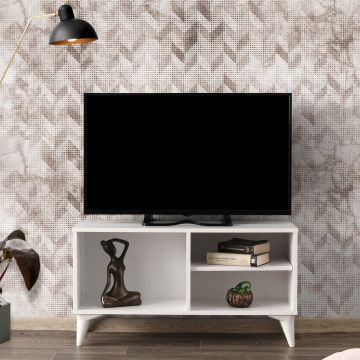 Comoda TV Zisino, Alb - Crem - Nuc - Gri, 100 x 54 x 35 cm