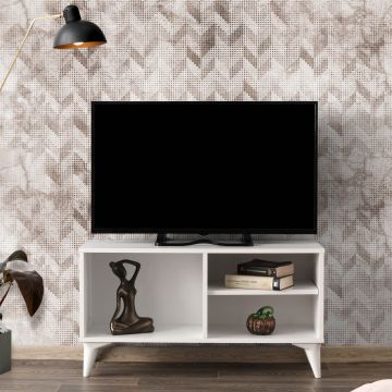 Comoda TV Zisino, Alb - Stejar - Nuc - Gri, 100 x 54 x 35 cm