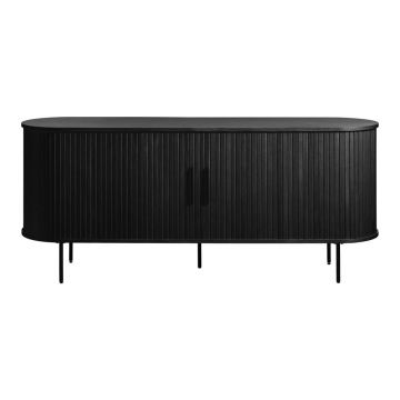 Comodă neagră joasă cu aspect de lemn de stejar cu ușă glisantă 76x180 cm Nola – Unique Furniture