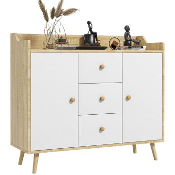 HOMCOM Comodă cu 3 Sertare și 2 Dulapuri cu Rafturi, Bufet Modern din PAL și Lemn de Pin, 90x32x80 cm, Alb | Aosom Romania HOMCOM Comodă cu 3 Sertare și 2 Dulapuri cu Rafturi, Bufet Modern din PAL și Lemn de Pin, 90x32x80 cm, Alb | Aosom Romania