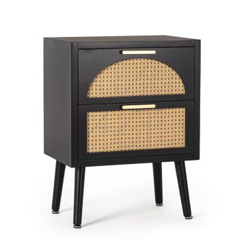 Comoda Josine, Bizzotto, 45 x 30 x 60 cm, MDF/ratan/lemn de pin, negru