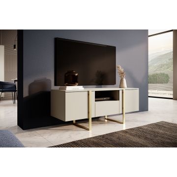 Comoda TV din pal si metal, cu 1 sertar si 2 usi, Verica RTV 150-2D1SZ Crem / Auriu, l150xA45xH57 cm
