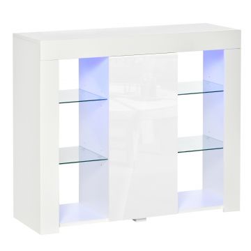 HOMCOM Bufet Modern cu Usa si Lumini LED cu Finisaj Lucios si Rafturi din Sticla, Dulap Mutifunctional 97x35x83cm, Alb Modern | Aosom Romania