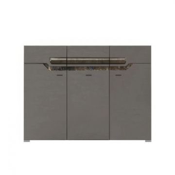 Comoda DAVOS D 12, 3 usi si 3 sertare, soft close, corp PAL nuc inchis, fronturi MDF gri, 130x42x99 cm
