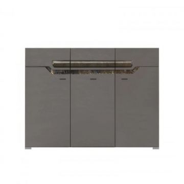 Comoda DAVOS D 12, 3 usi si 3 sertare, soft close, corp PAL nuc inchis, fronturi MDF gri, 130x42x99 cm