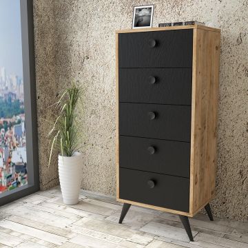 Comoda Peripoli cu 5 sertare , Negru - Gri - Alb 49 x 119 x 40 cm
