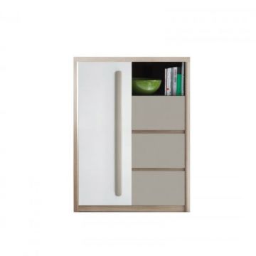 Comoda ROMA 8, cu usa si 3 sertare, corp PAL stejar sonoma, fronturi MDF gri mat + alb lucios, 90x43x117 cm
