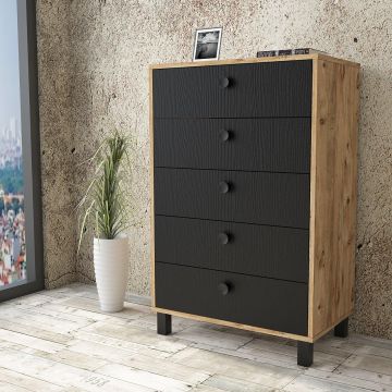 Comoda Roomoro cu 5 sertare, Gri- Alb - Negru - Stejar, 74 x 114 x 45 cm