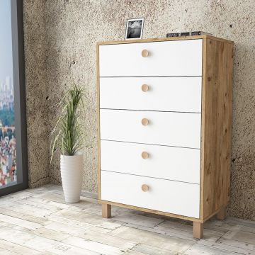 Comoda Roomoro cu 5 sertare, Gri- Alb - Negru - Stejar, 74 x 114 x 45 cm