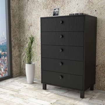 Comoda Roomoro cu 5 sertare, Gri- Alb - Negru - Stejar, 74 x 114 x 45 cm