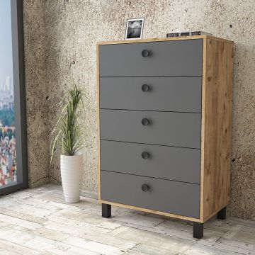 Comoda Roomoro cu 5 sertare, Gri- Alb - Negru - Stejar, 74 x 114 x 45 cm