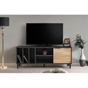 Comoda Tv cu rafturi Gordes - Dark Brown, Stejar - Maro , 140x55x40 cm