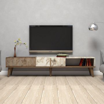 COMODA TV Lux Elixir cu 3 Compartimente, Alb - Nuc, 180 x 40 x 35 cm COMODA TV Lux Elixir cu 3 Compartimente, Alb - Nuc, 180 x 40 x 35 cm